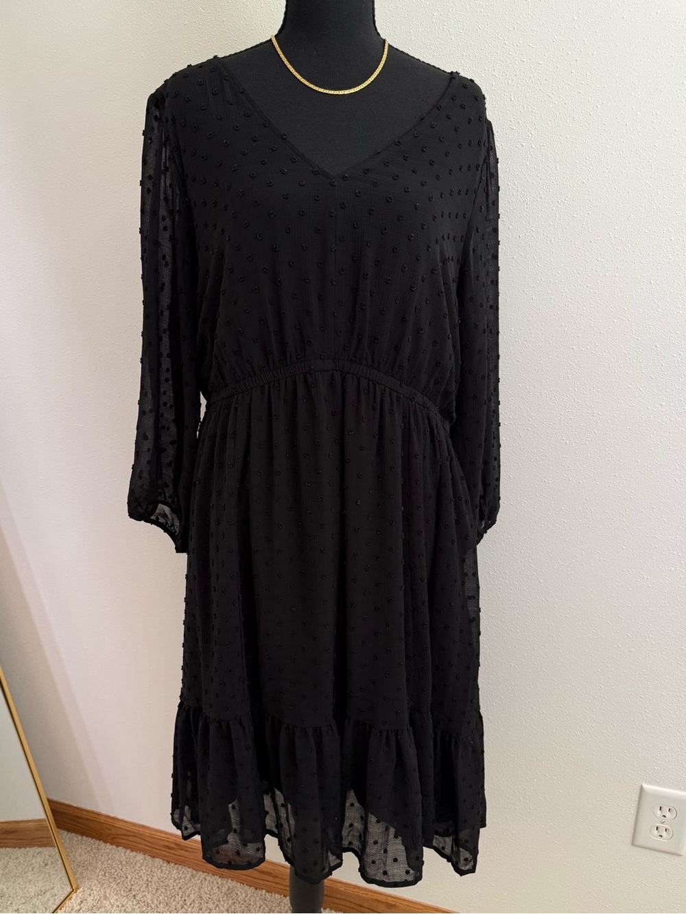Torrid Black Swiss Dot Chiffon Dress Sheer Sleeve Tiered Size 1